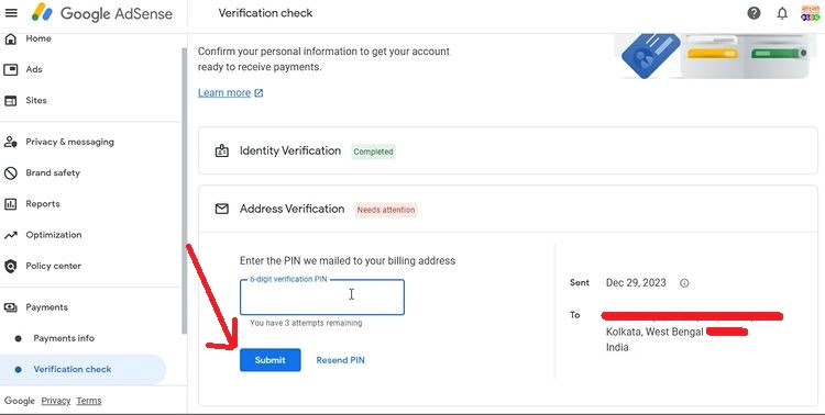 এডসেন্সের পিন ভেরিফিকেশন