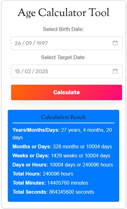 Age Calculator Online Result